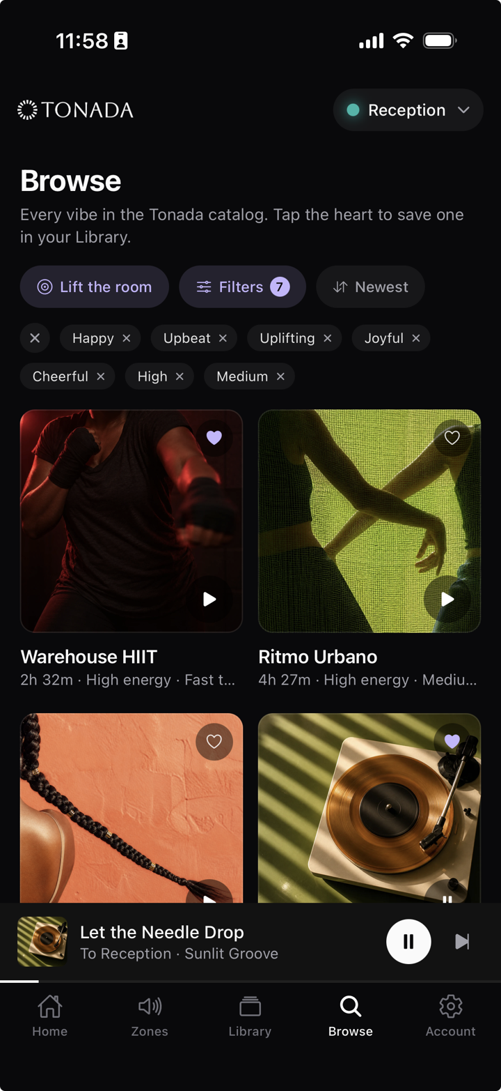 Tonada app on iPhone showing the Browse screen with vibes and the now playing bar